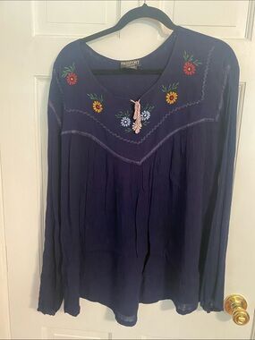Passport Navy Floral Embroidered V-Neck Peasant Blouse